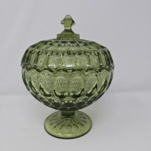 Rare Large Vintage 60s Green Fenton Glass Dish‎ Pedestal Facet Covered 6975